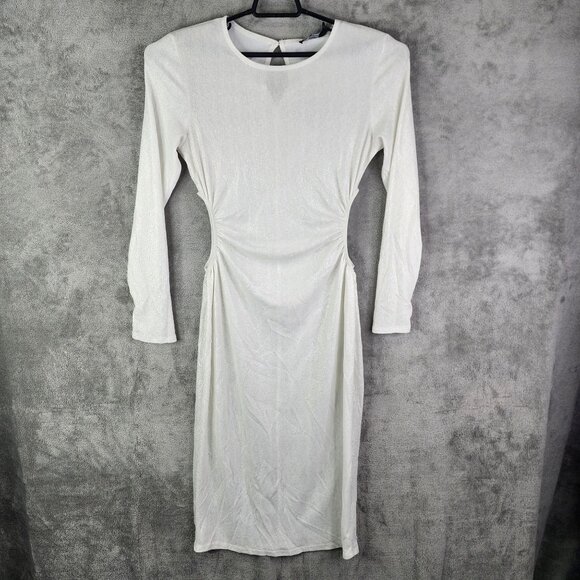 Women's White & Gold Pretty Little Thing Long Sleeve Ruched Bodycon Dress 10 - Picture 2 of 15